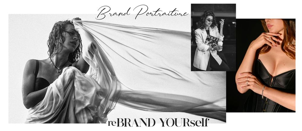 Artistic black and white branding photography collage showing elegant boudoir poses with draped fabric and lighting.