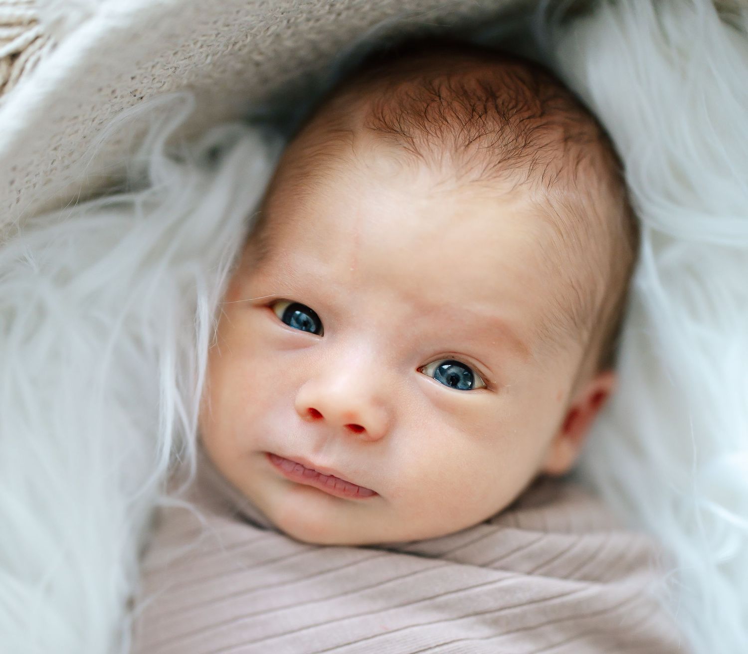 Close up of alert newborn baby with bright blue eyes lying on white blanket.