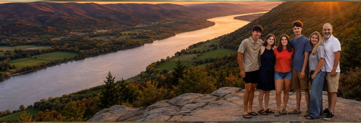 Family of five poses on rocky overlook above winding river valley at golden sunset in Annapolis Valley