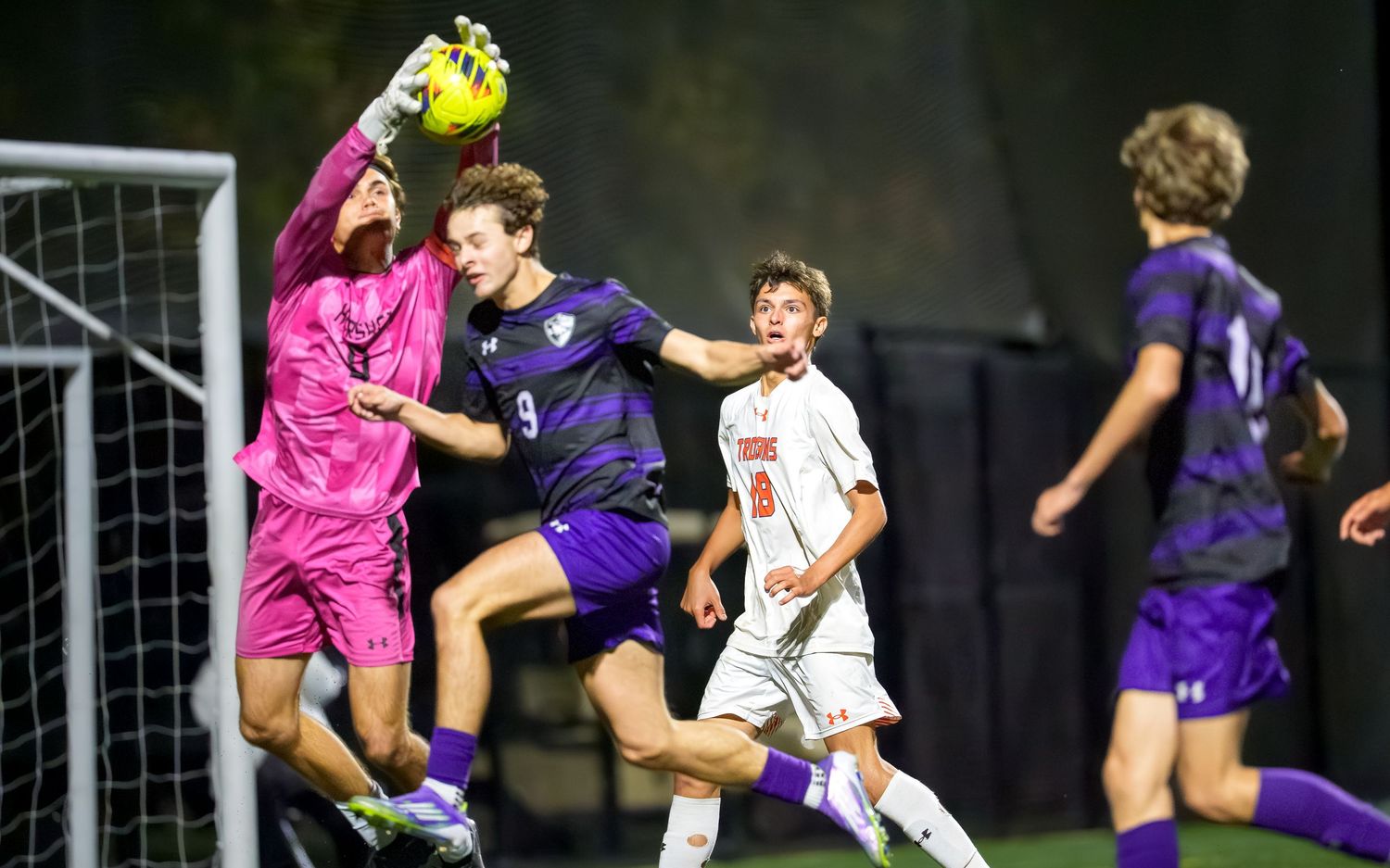 High school boys soccer game day action challenge at night, Central PA, by Deanna Fox, SportsFox Photography, Hershey PA