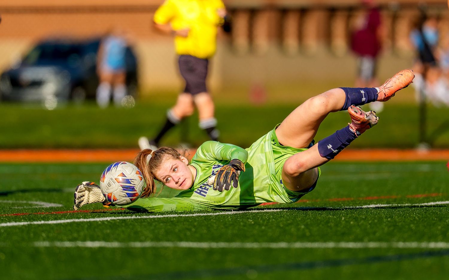High school soccer goalkeeper diving save game day coverage, Central PA, by Deanna Fox, SportsFox Photography, Hershey PA
