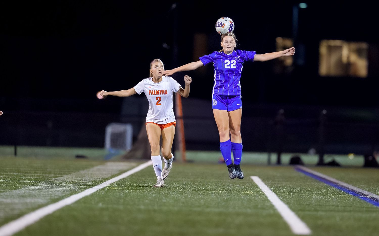 High school girls soccer game day action header at night, Central PA, by Deanna Fox, SportsFox Photography, Hershey PA