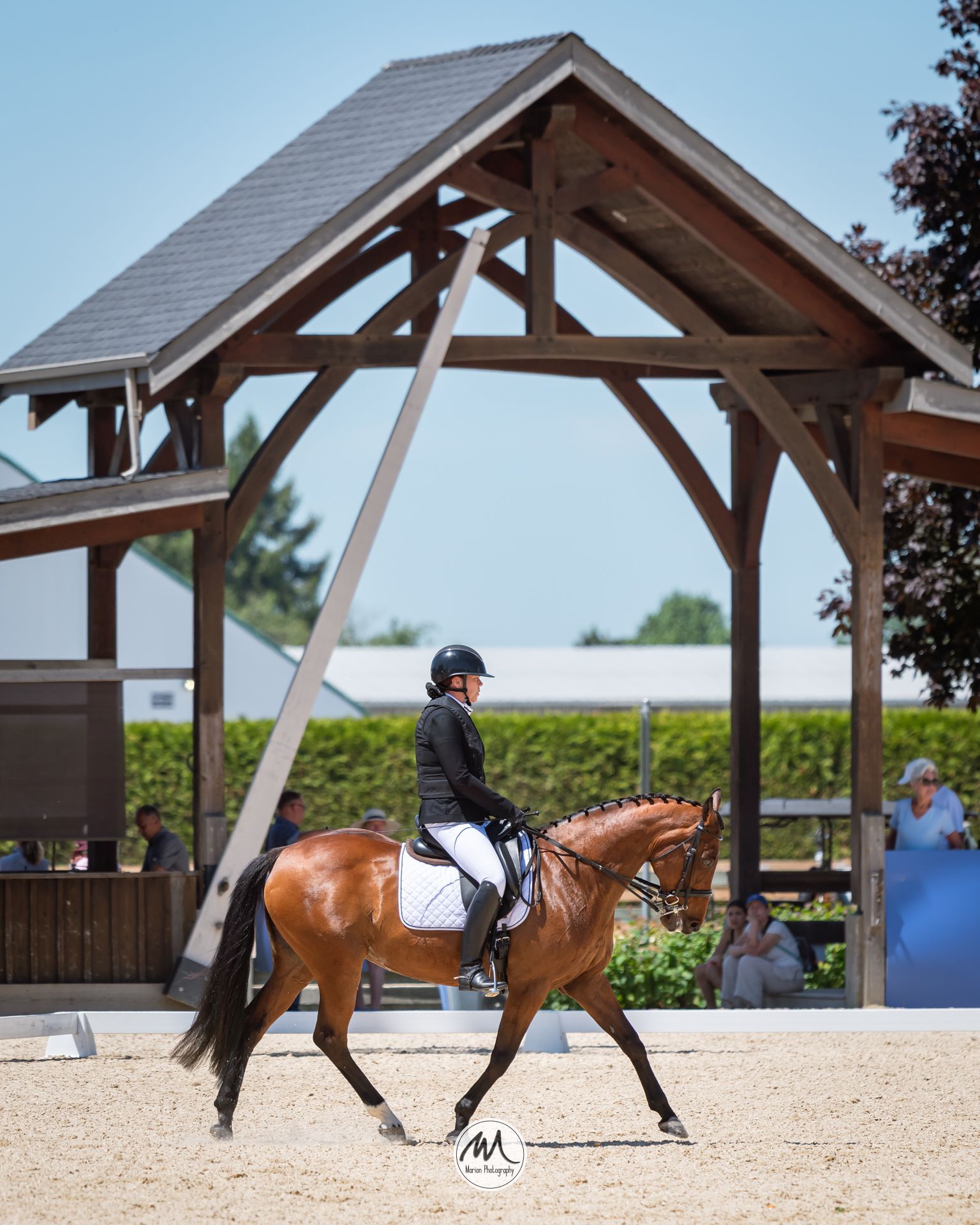 Rider in black jacket on chestnut horse performing dressage in sandy arena with wooden pavilion structure behind.