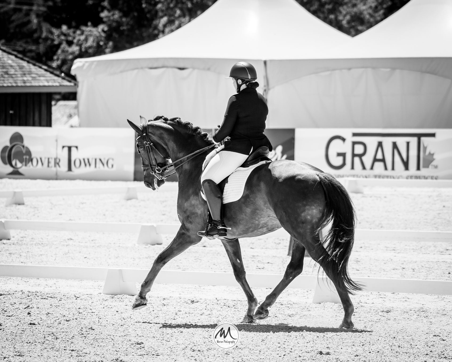Black and white photo of a rider in formal attire performing dressage on a dark horse at an equestrian competition.