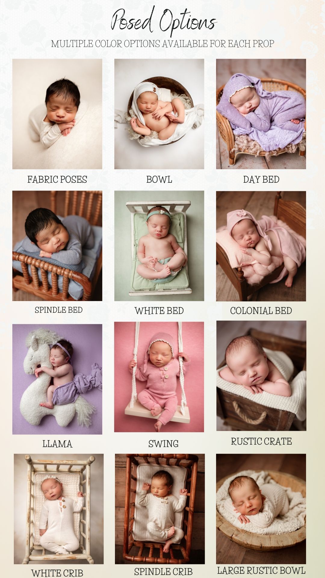 Newborn photography posed options showing babies in fabric poses, bowls, beds, cribs, swings, and rustic props with multiple color options.