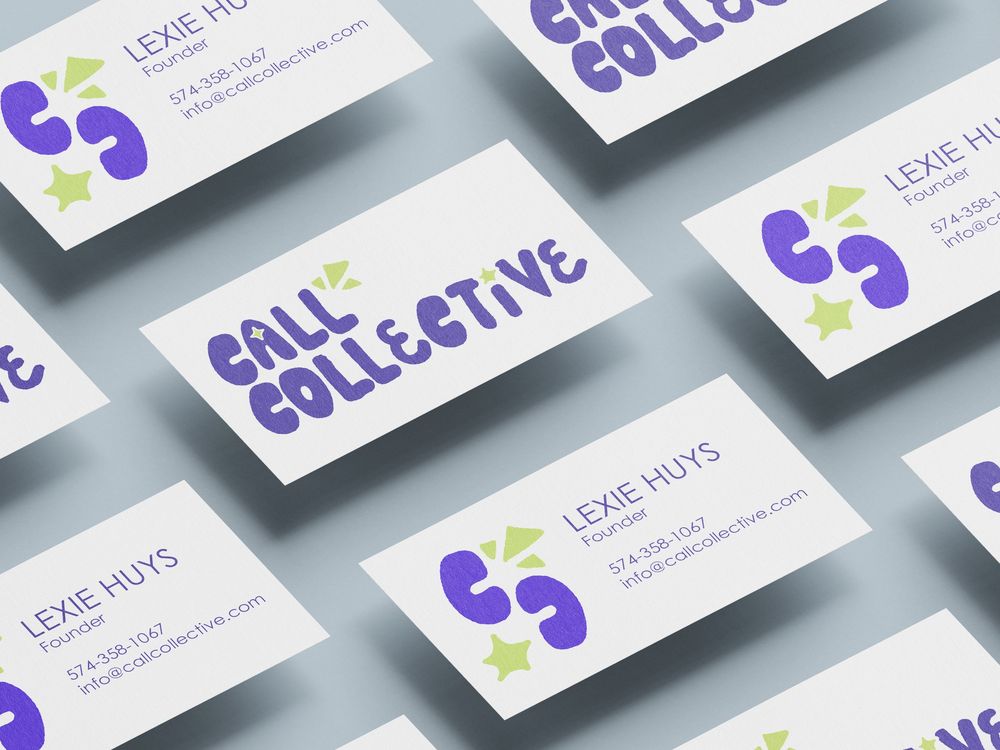 Multiple business cards for Call Collective featuring purple logo and green stars, displaying founder Lexie Huys contact details.
