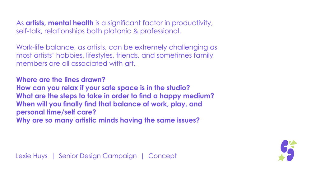 White slide discussing artist mental health and work-life balance with bold questions in orange and pink text by Lexie Huys.