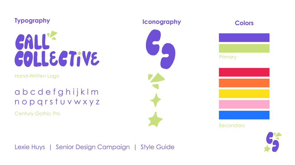 Style guide for Call Collective senior design campaign featuring typography, iconography, and a vibrant color palette.