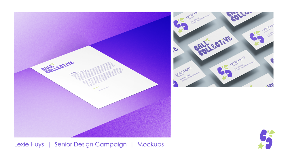 Senior design campaign mockups by Lexie Huys featuring branded stationery and business cards with purple gradient design.