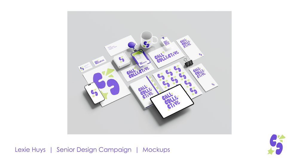 3D mockup of a senior design brand campaign featuring purple logo stationery, cards, and digital screens on white background.