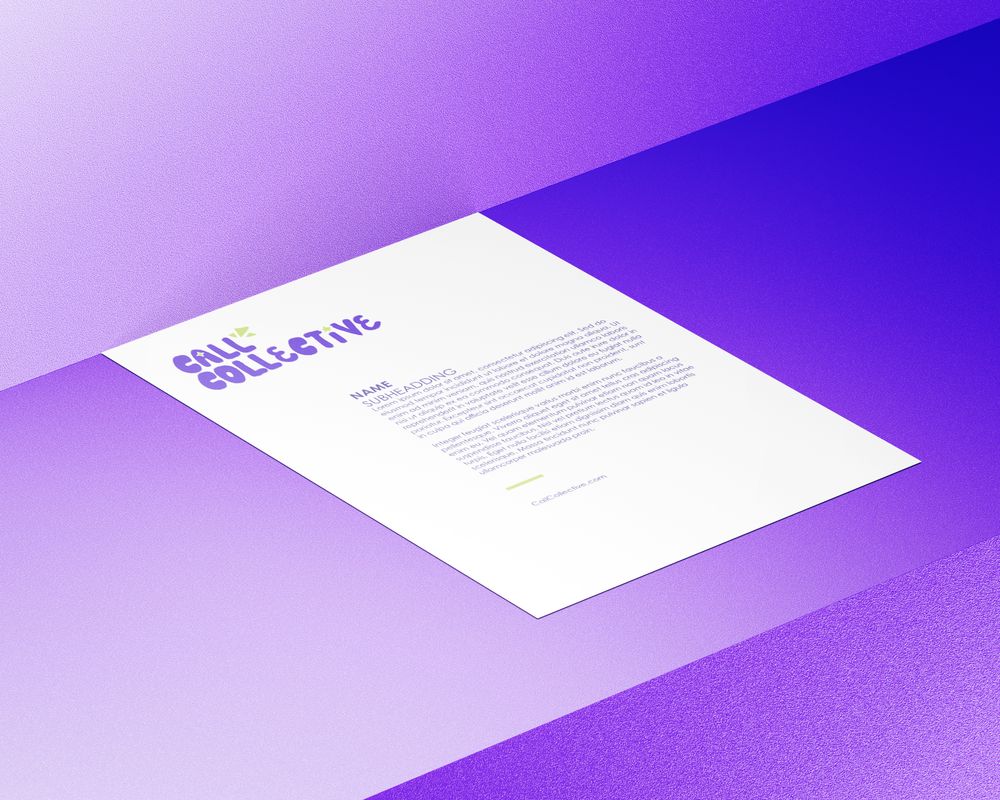Isometric view of a white letterhead design for Balle Collective with purple branding on a gradient purple background.
