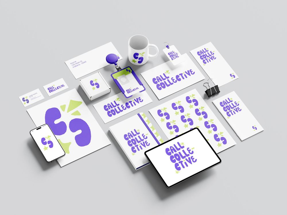 Call Collective brand identity mockup displaying purple and green logo on stationery, business cards, mug, phone, and tablet.