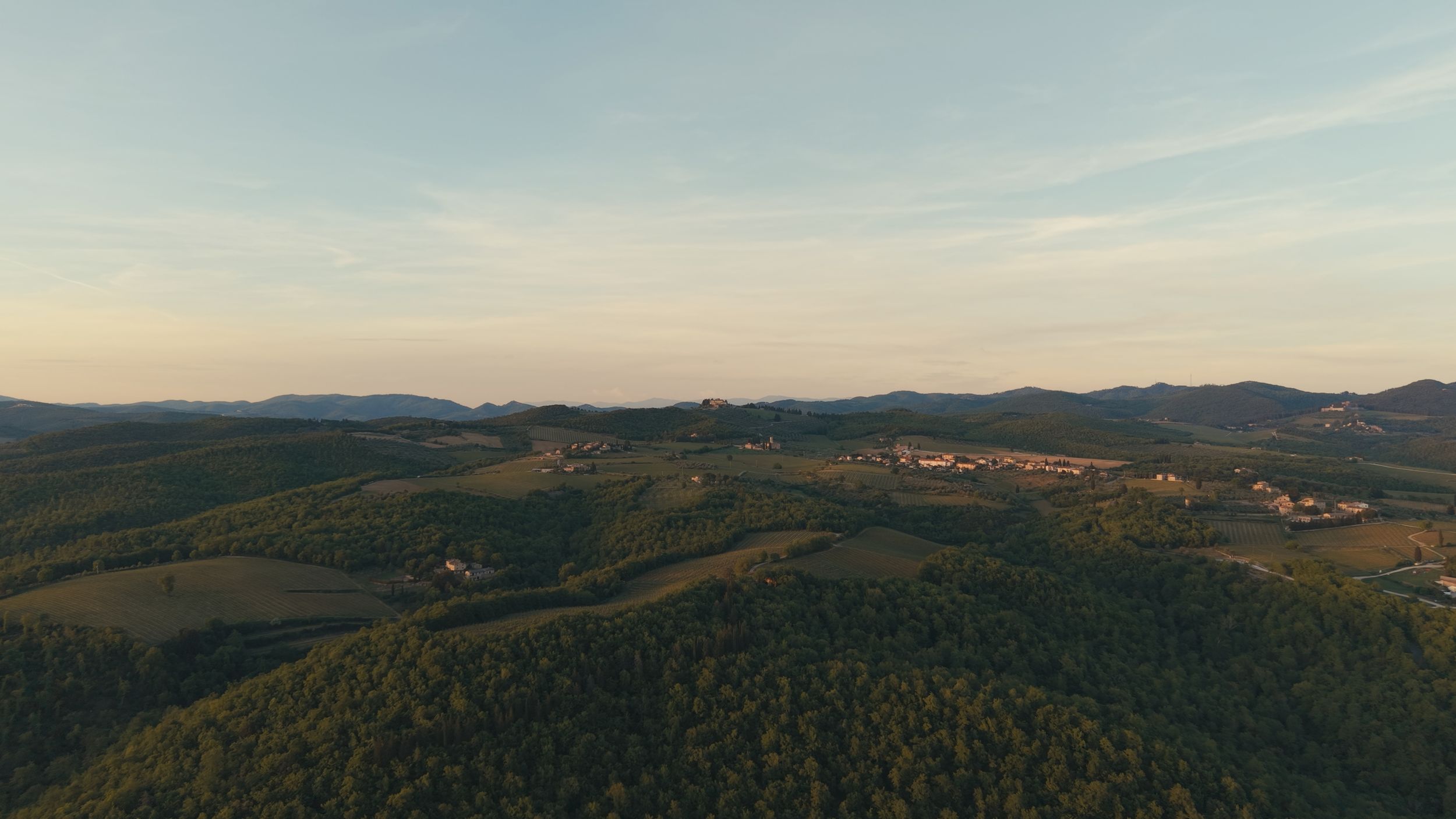 Aerial view of lush green rolling hills and forest landscape at golden hour with mountains in the background.