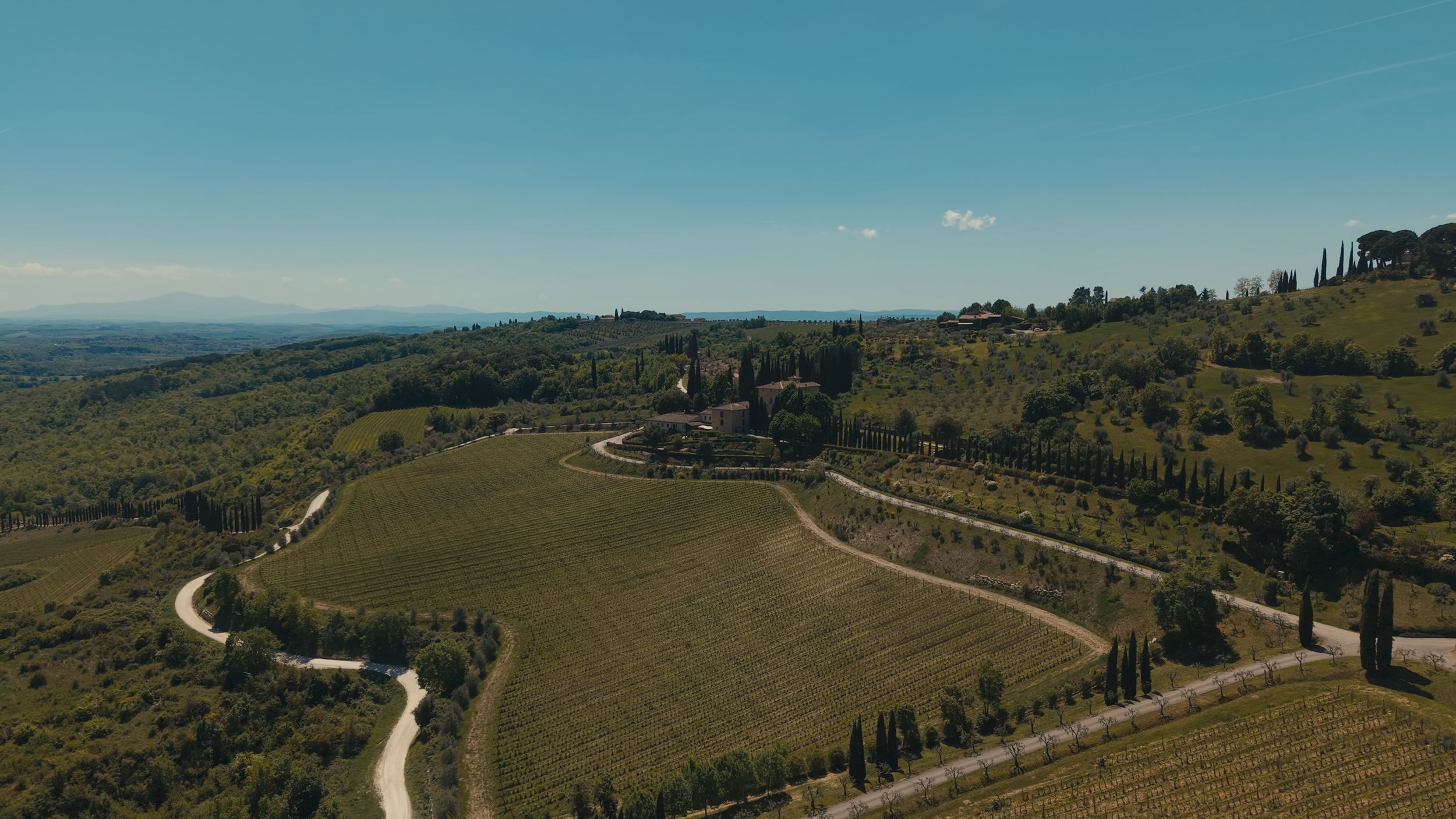Aerial view of rolling Tuscan hills with lush vineyards, cypress trees, and a winding road leading to a rustic farmhouse.