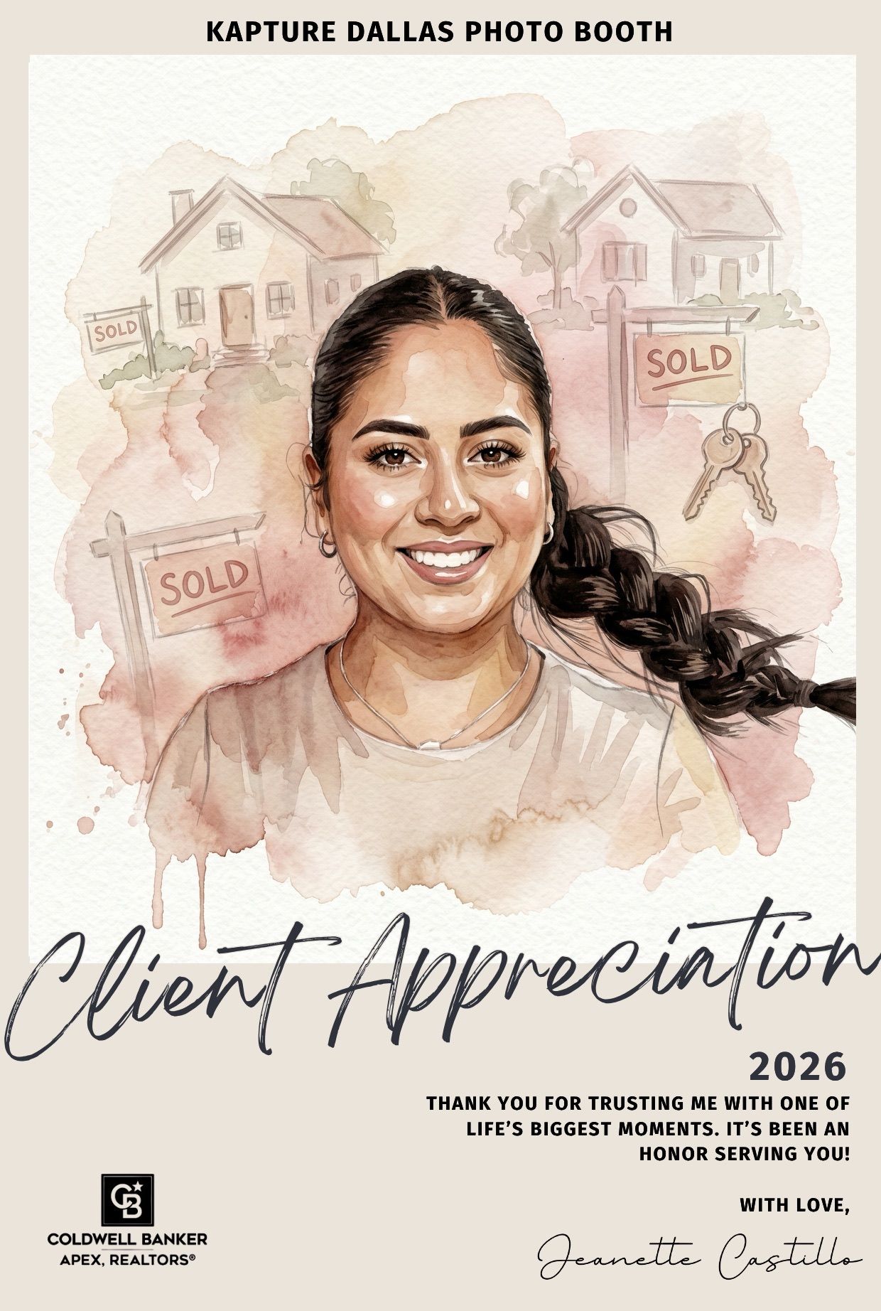 Coldwell Banker realtor Jeanette Castillo 2026 Client Appreciation photo booth card with watercolor portrait and sold signs.