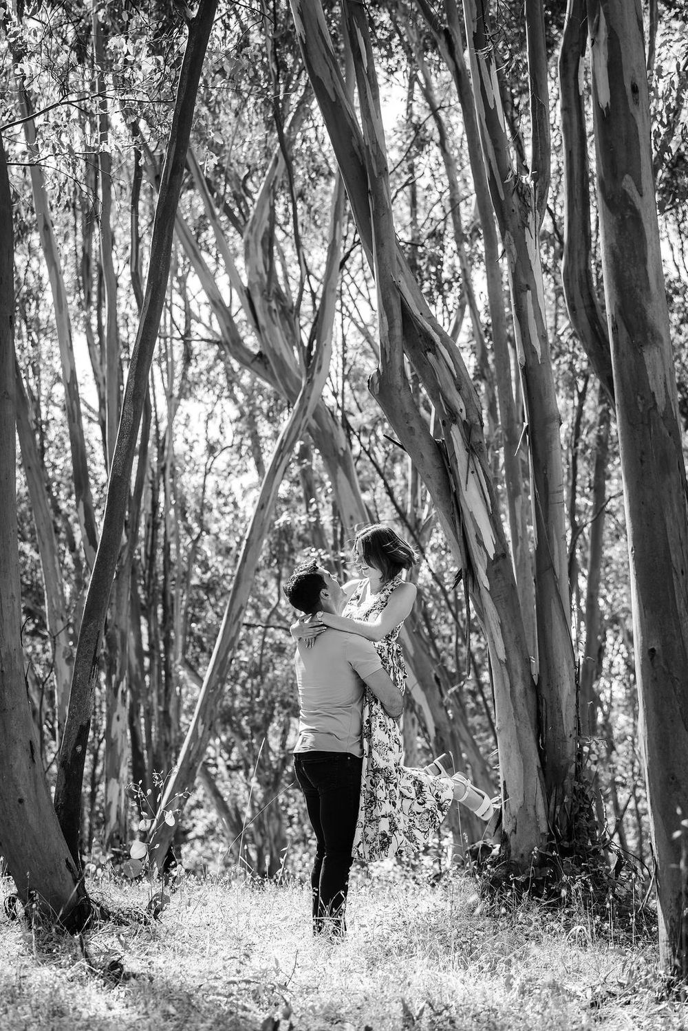Black and white photo of a couple embracing in a sunlit eucalyptus forest, the man lifting the woman romantically.