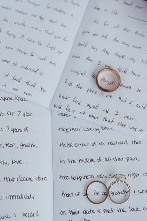 Two gold wedding rings resting on handwritten love letters with the words always and Im so grateful visible.