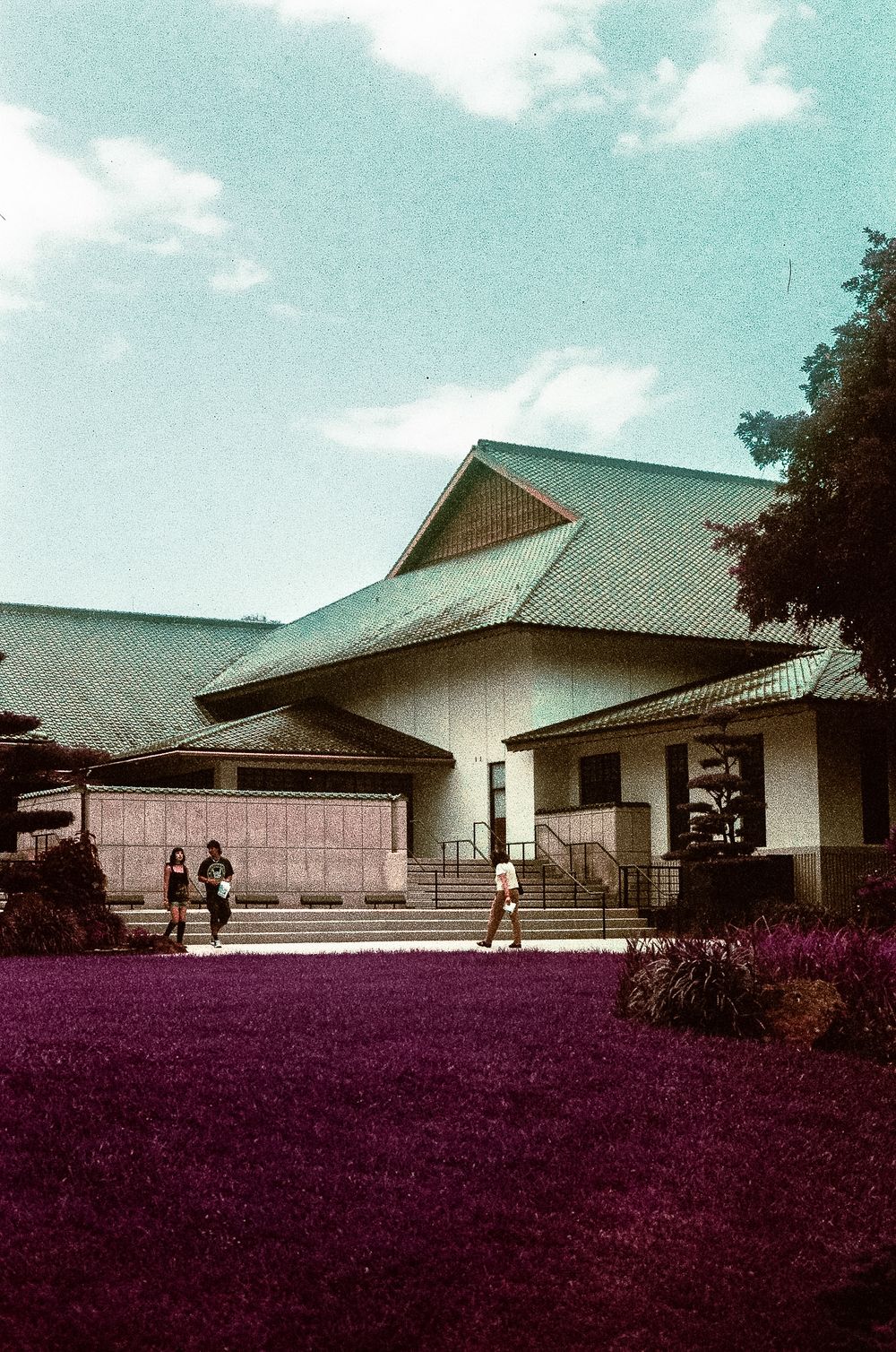 Japanese-style building with green roof, purple lawn, and people walking outside under a partly cloudy sky.