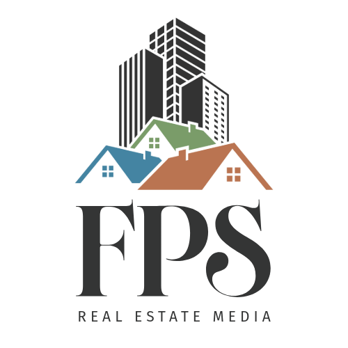 FPS Real Estate Media logo featuring city skyline, colorful house rooftops, and bold typography on white background.