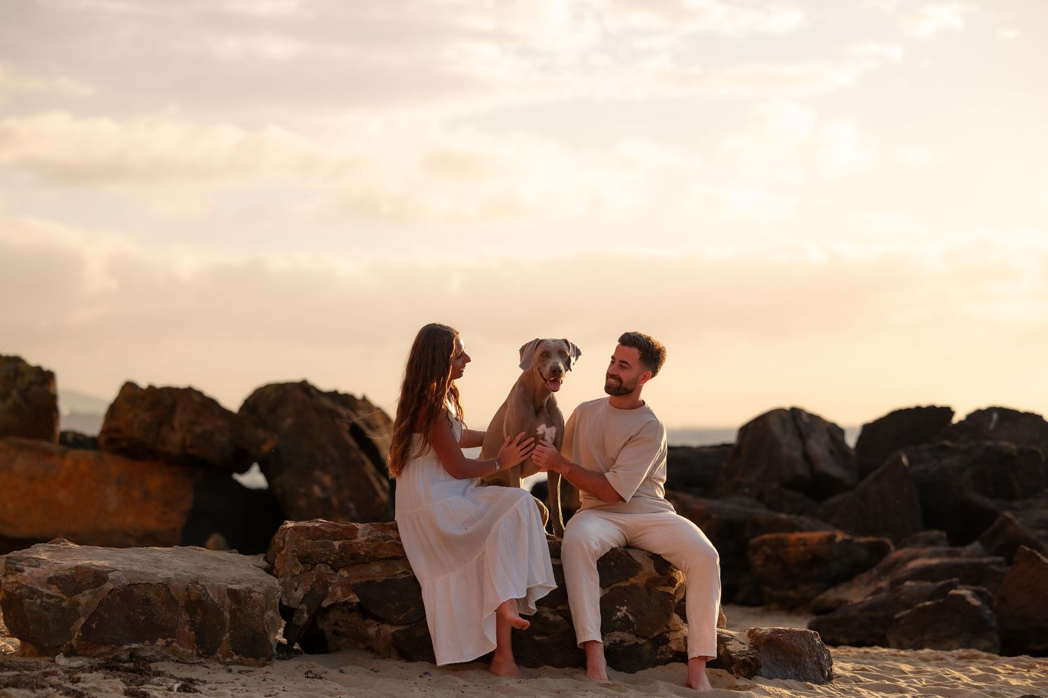 Couple and dog watching sunset on beach, romantic golden hour ocean view.