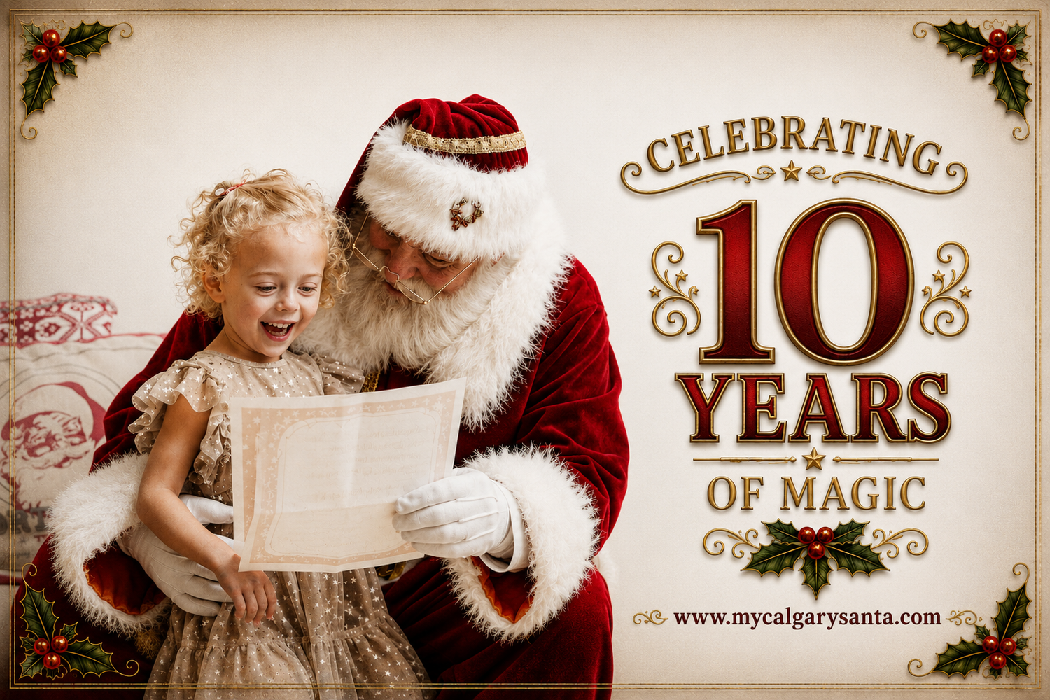 Santa Claus reads a letter with a young girl, celebrating 10 years of magic at mycalgarysanta.com.