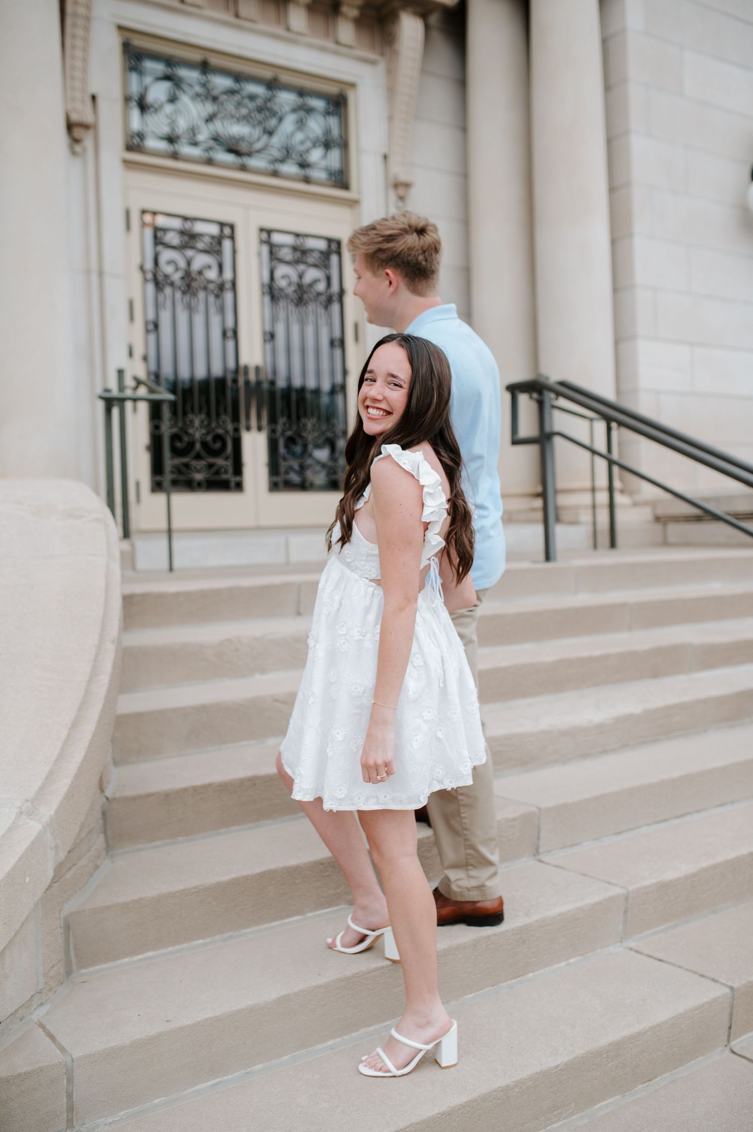 Engagement session in downtown Wichita, KS by wedding photographer Jessica Nadine Photography. Courthouse building, old buildings, classy