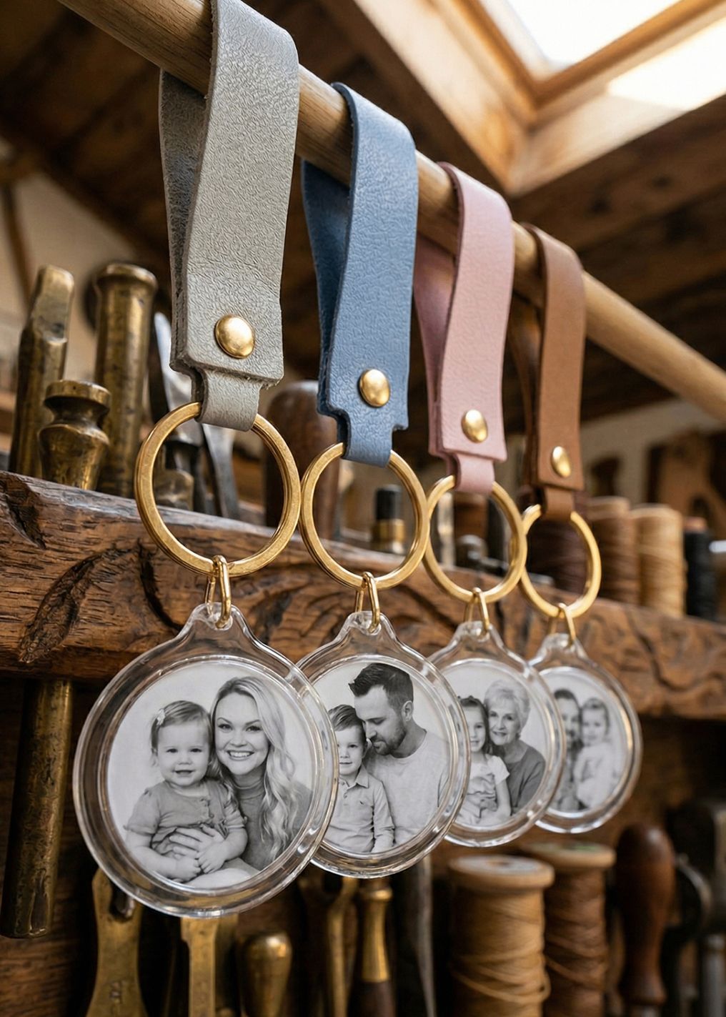 Four leather strap keychains with gold rings holding round acrylic photo keychains displaying black and white family portraits.