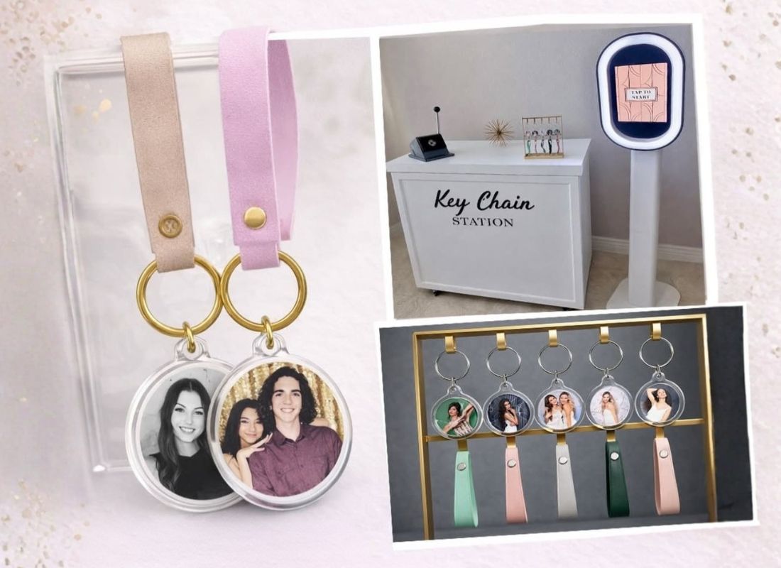 Custom photo keychain station display with pink and gold keychains featuring personalized family portraits and tassel accents.