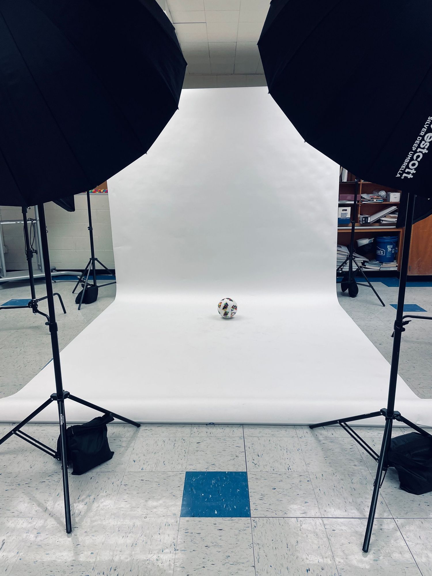 Professional photo studio setup with white backdrop, two softbox lights on stands, and a small skull prop centered on the floor.