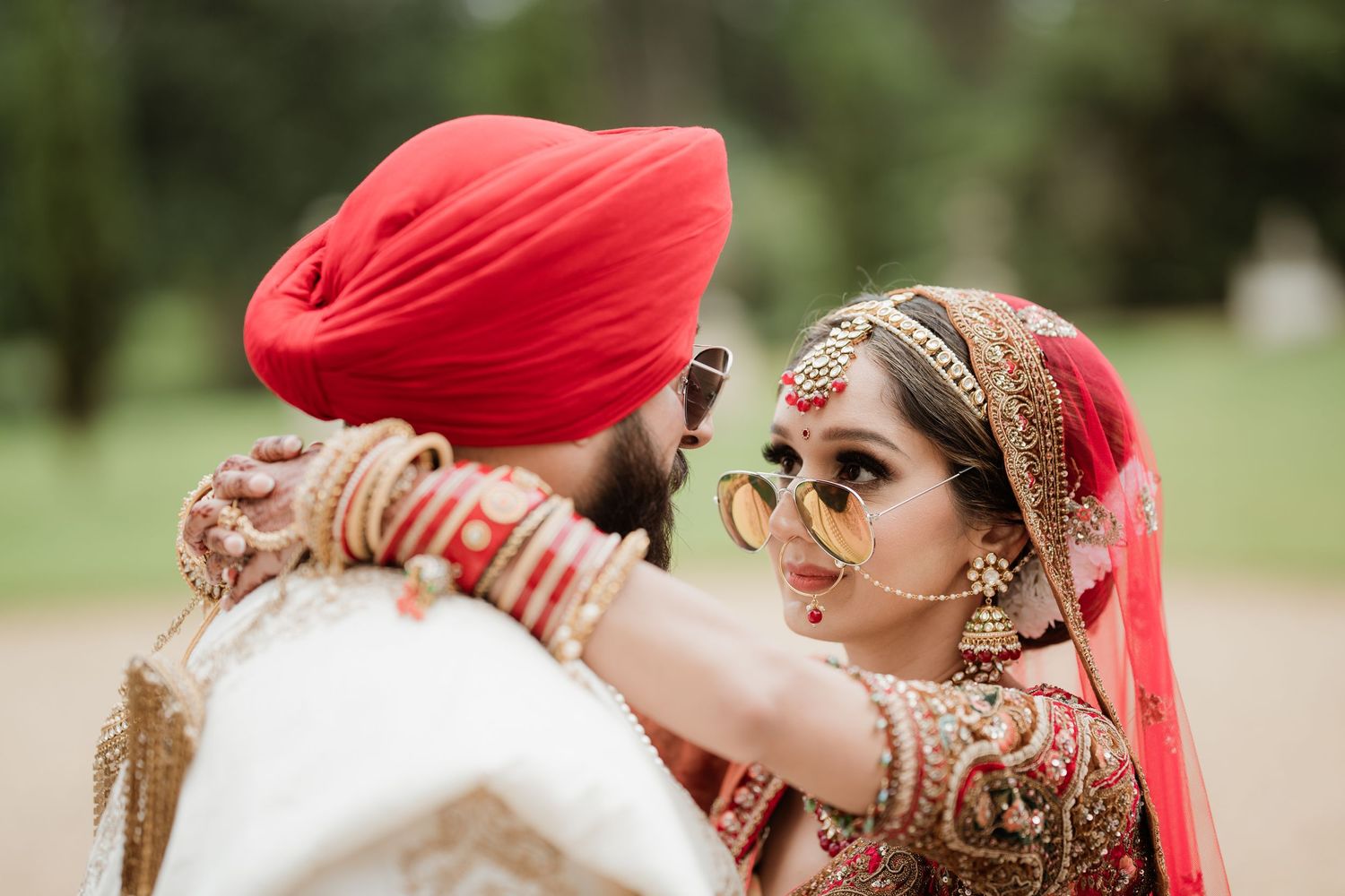 punjabi sikh couple editorial pose sunglasses pagh after anand karaj portraits session