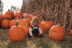 Small child sitting among orange pumpkins at a fall harvest display.