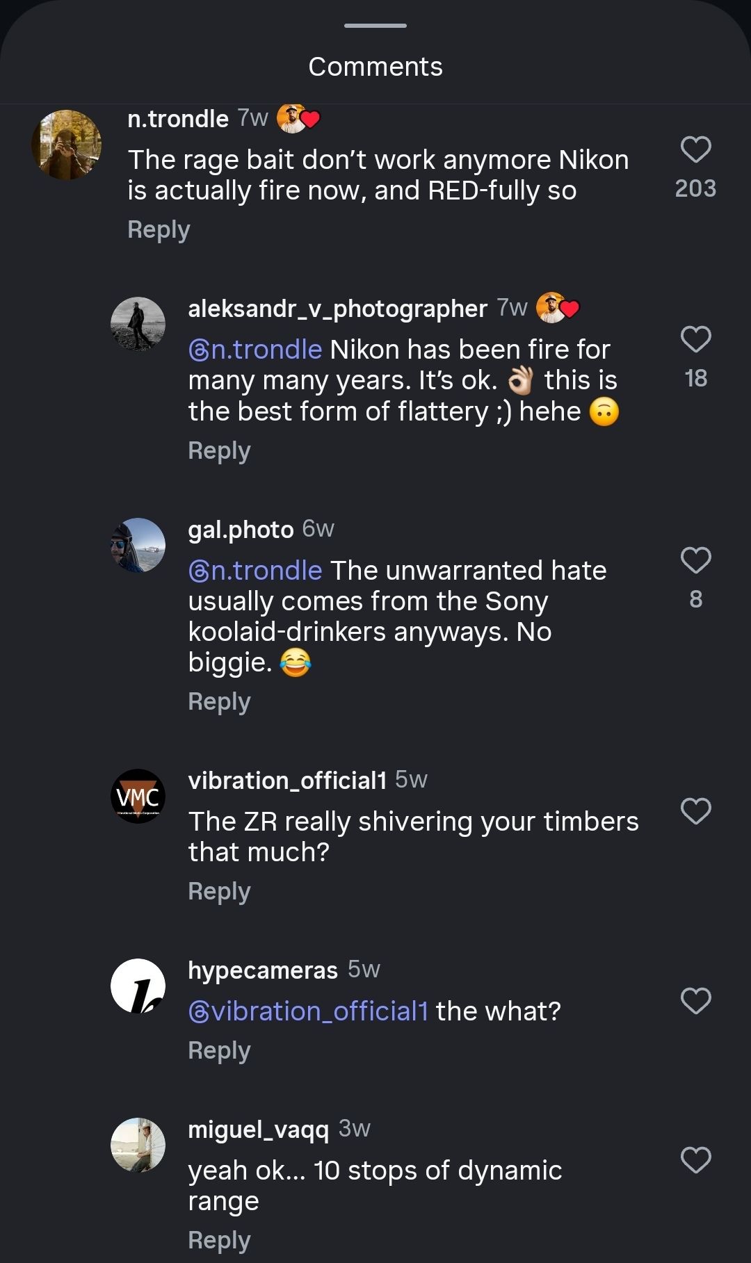 A screenshot of Instagram comments discussing Nikon cameras and photography gear with multiple user interactions and likes.