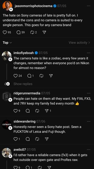 A dark social media thread showing comments discussing preferences and opinions about different camera brands and models.