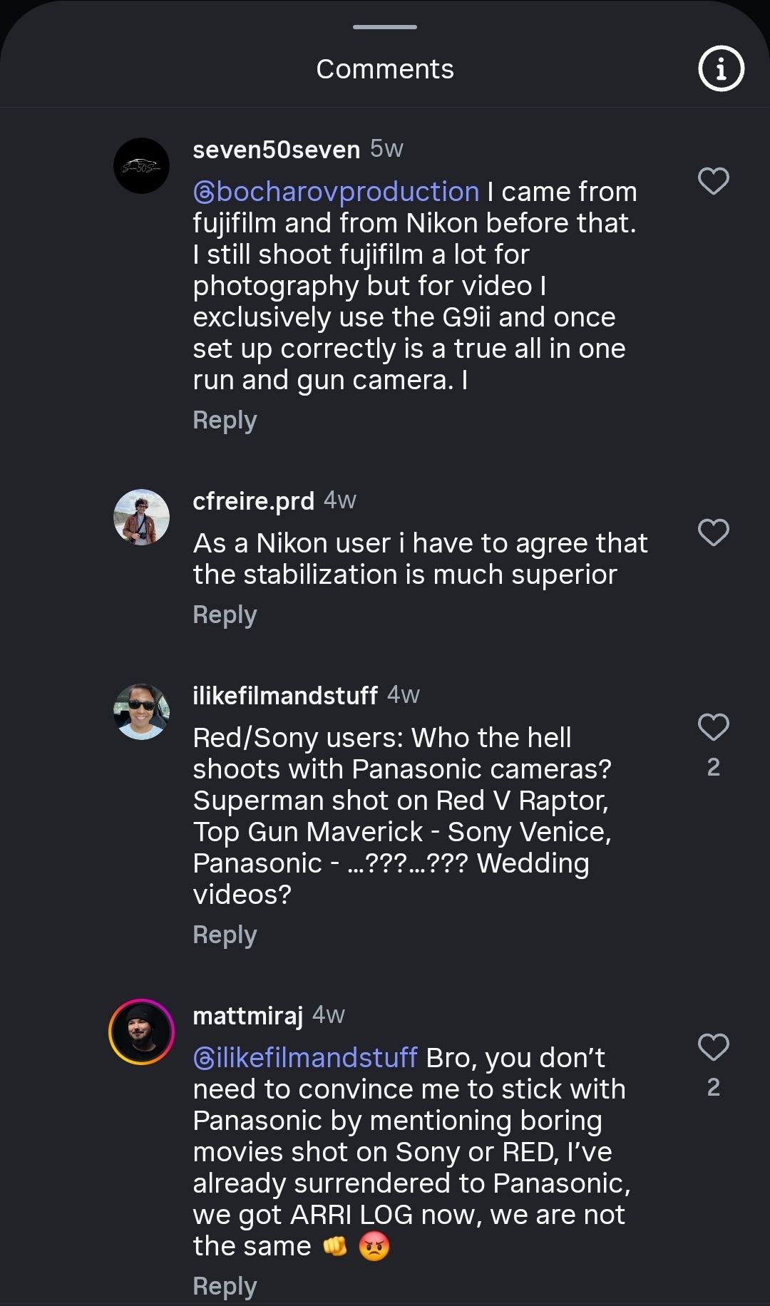 A screenshot of Instagram comments discussing camera brands and preferences between Fujifilm, Nikon, Sony and Panasonic systems.