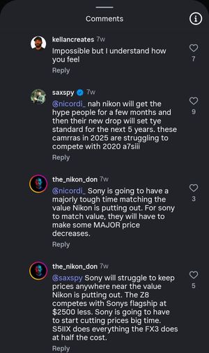 A screenshot of social media comments discussing Nikon and Sony camera pricing and market competition.