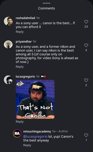 A dark social media interface showing comments and replies about camera brands Canon, Sony and Nikon.