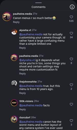 Screenshot of social media comments discussing Canon camera menu systems and customization options.