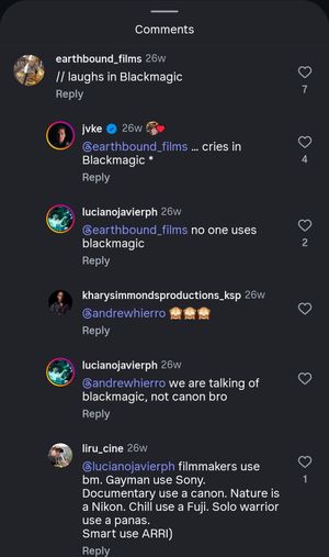A screenshot of Instagram comments discussing camera equipment preferences between Blackmagic and Canon cameras.