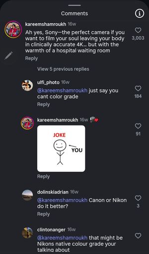 A screenshot of Instagram comments discussing camera preferences between Sony, Canon and Nikon with emoji reactions.