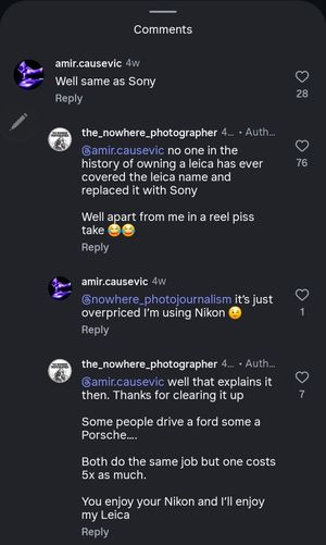 Social media comments discussing camera brand preferences and price comparisons between Nikon, Sony, and Leica.
