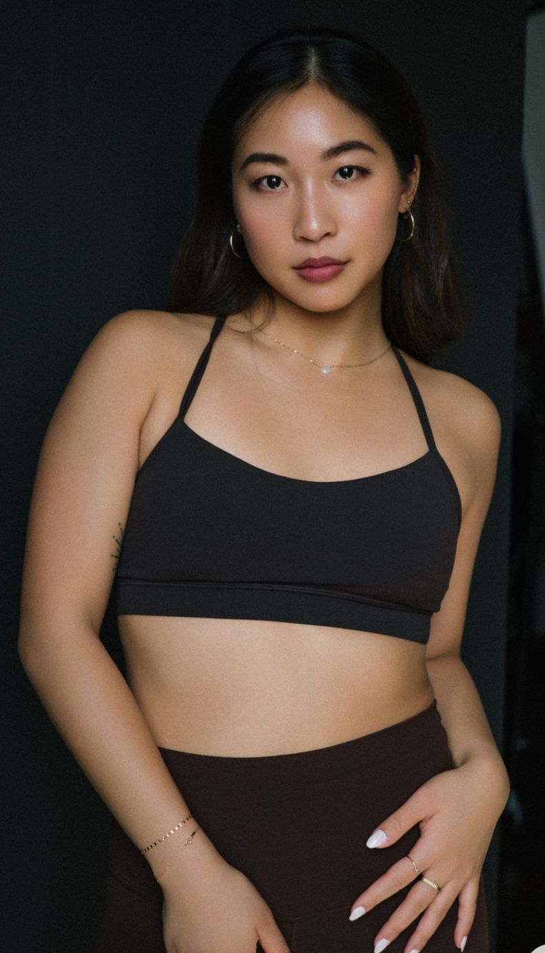 A series of fashion portraits showing a model in black athletic wear against a dark background.