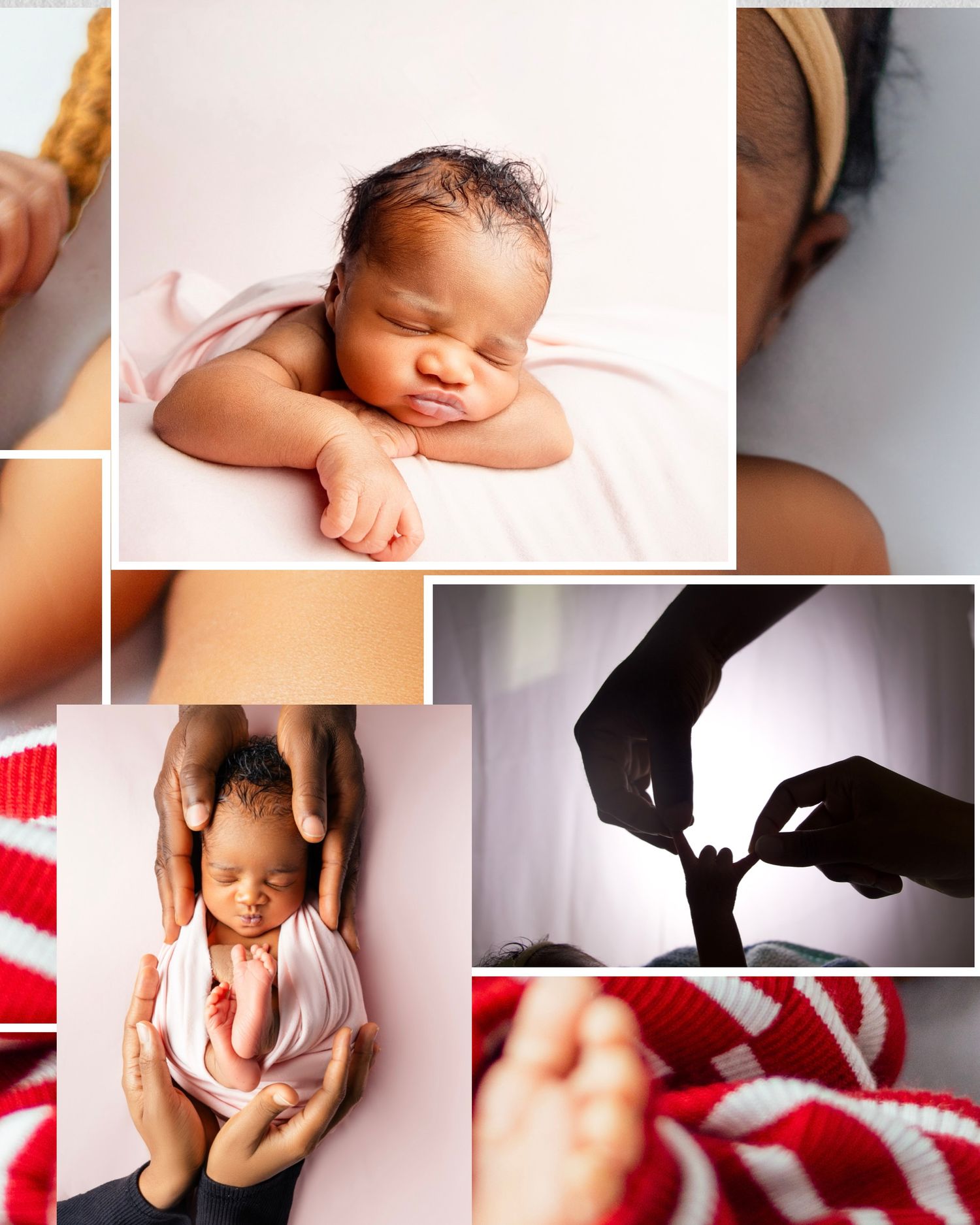 Two newborn twins lying on pink blanket with parent's hands visible nearby.