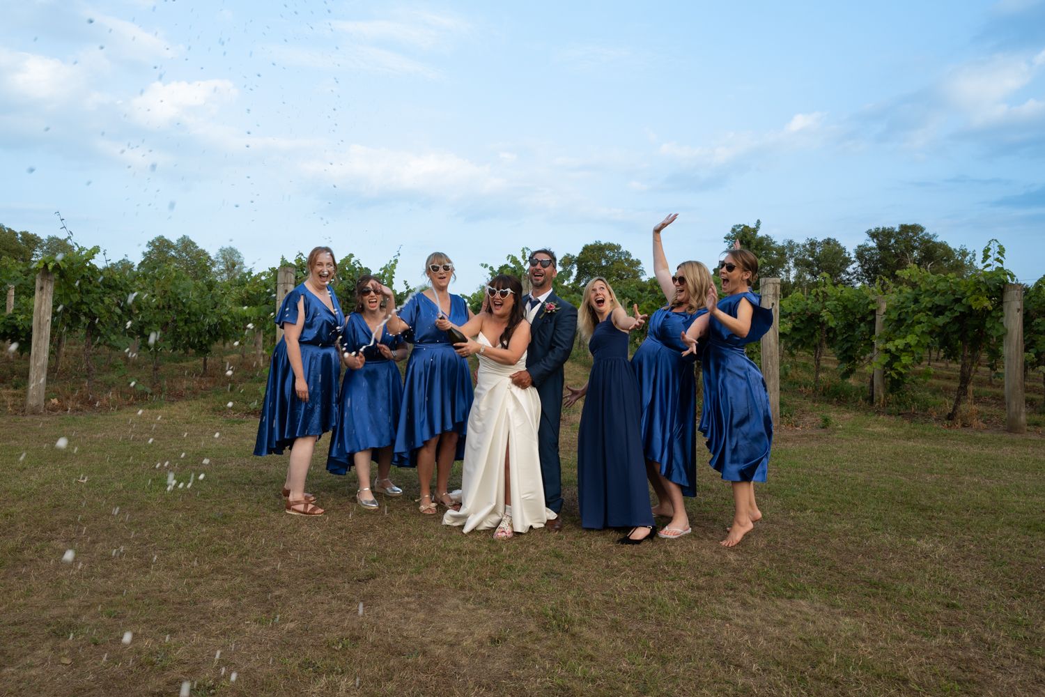 A wedding party in blue dresses poses for photos in a scenic outdoor field on a sunny day.