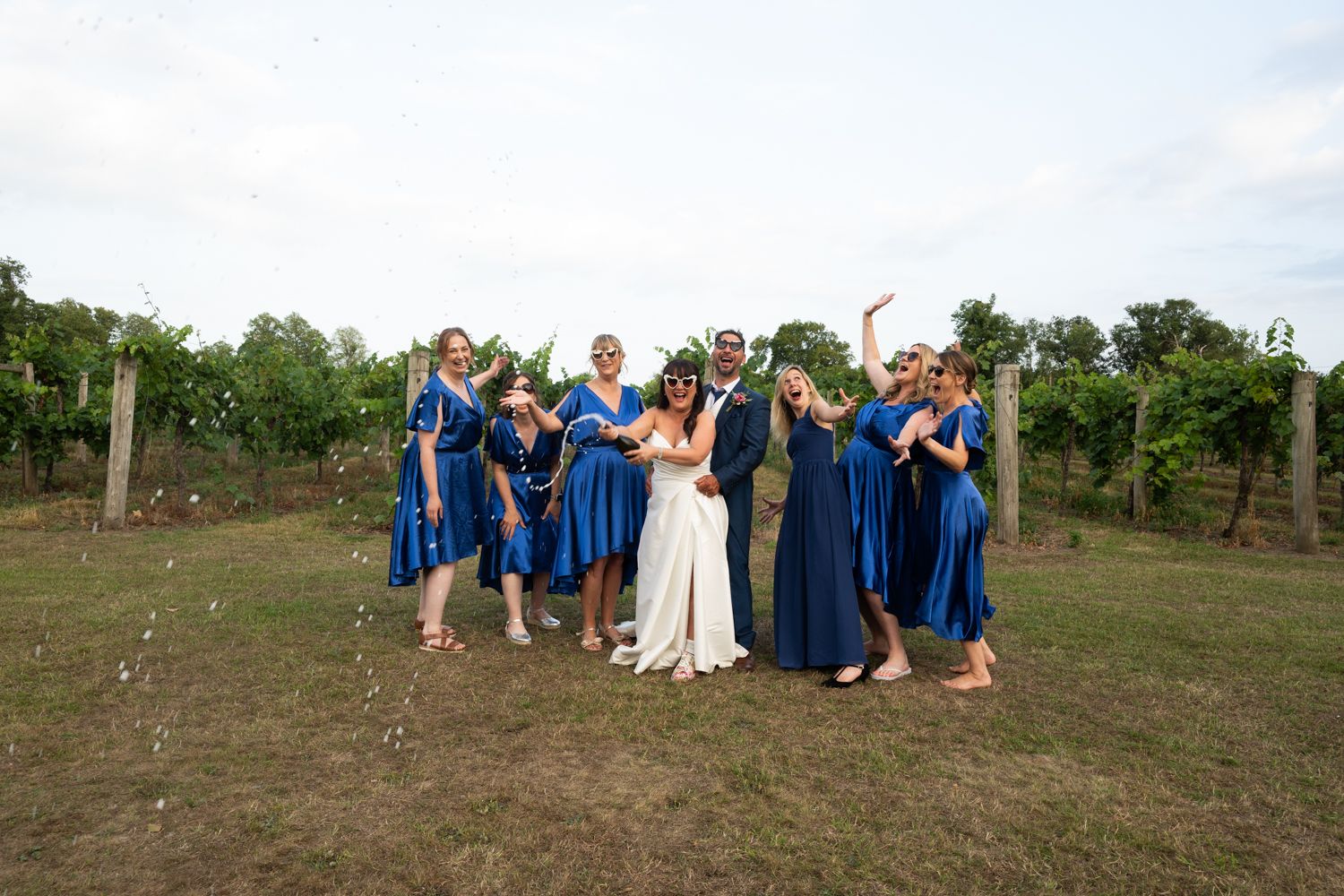 Wedding party in blue dresses and white gown celebrate joyfully in a vineyard setting at sunset.