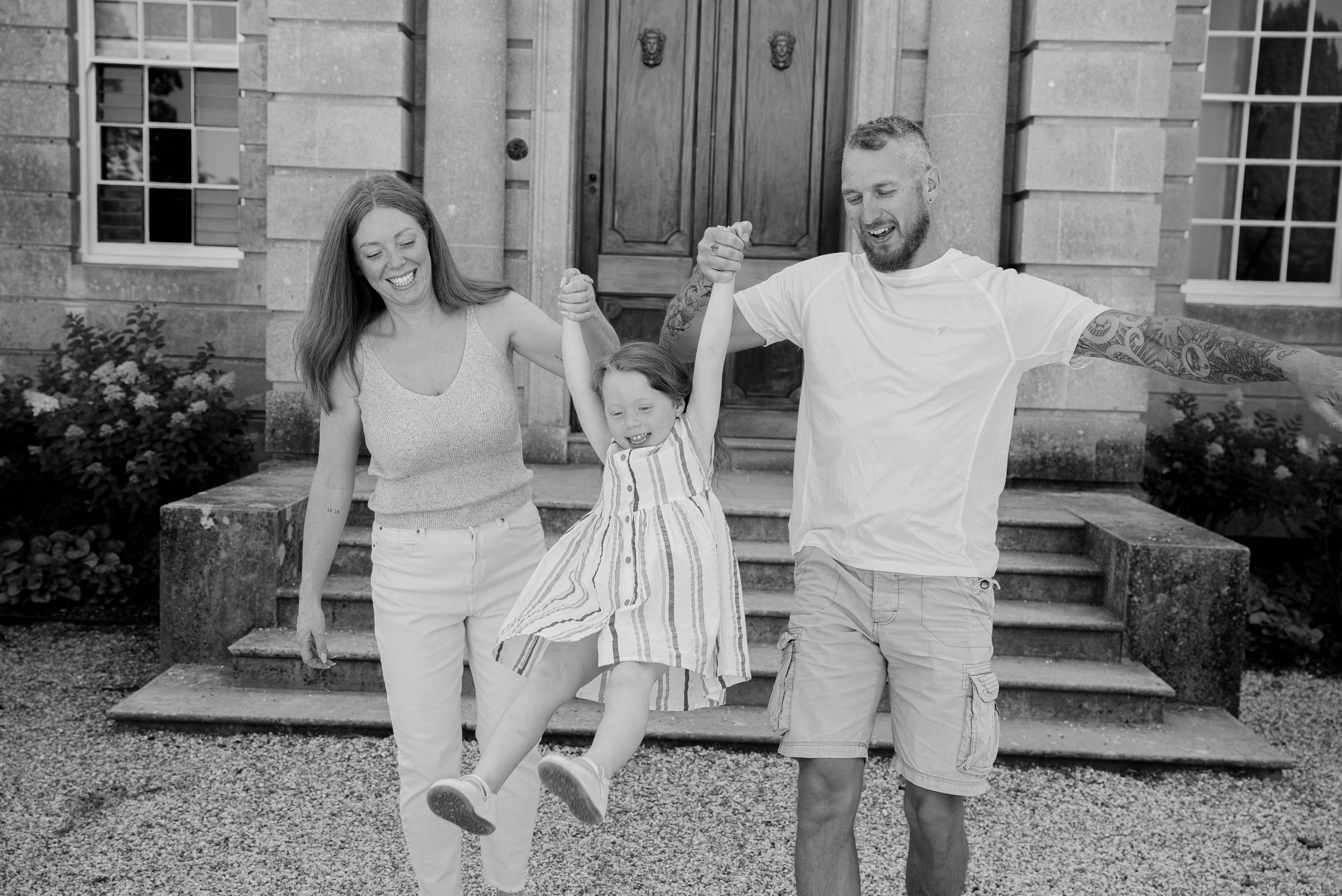 A series of vintage black and white photographs showing people in casual summer attire outdoors.