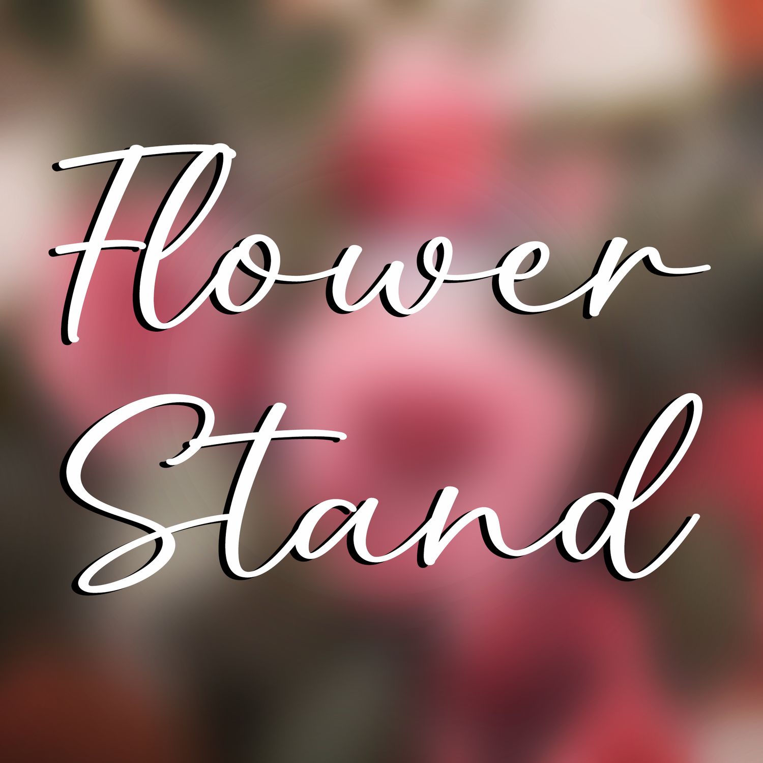 Decorative text 'Flower Stand' in flowing script against a pink and green blurred floral background.