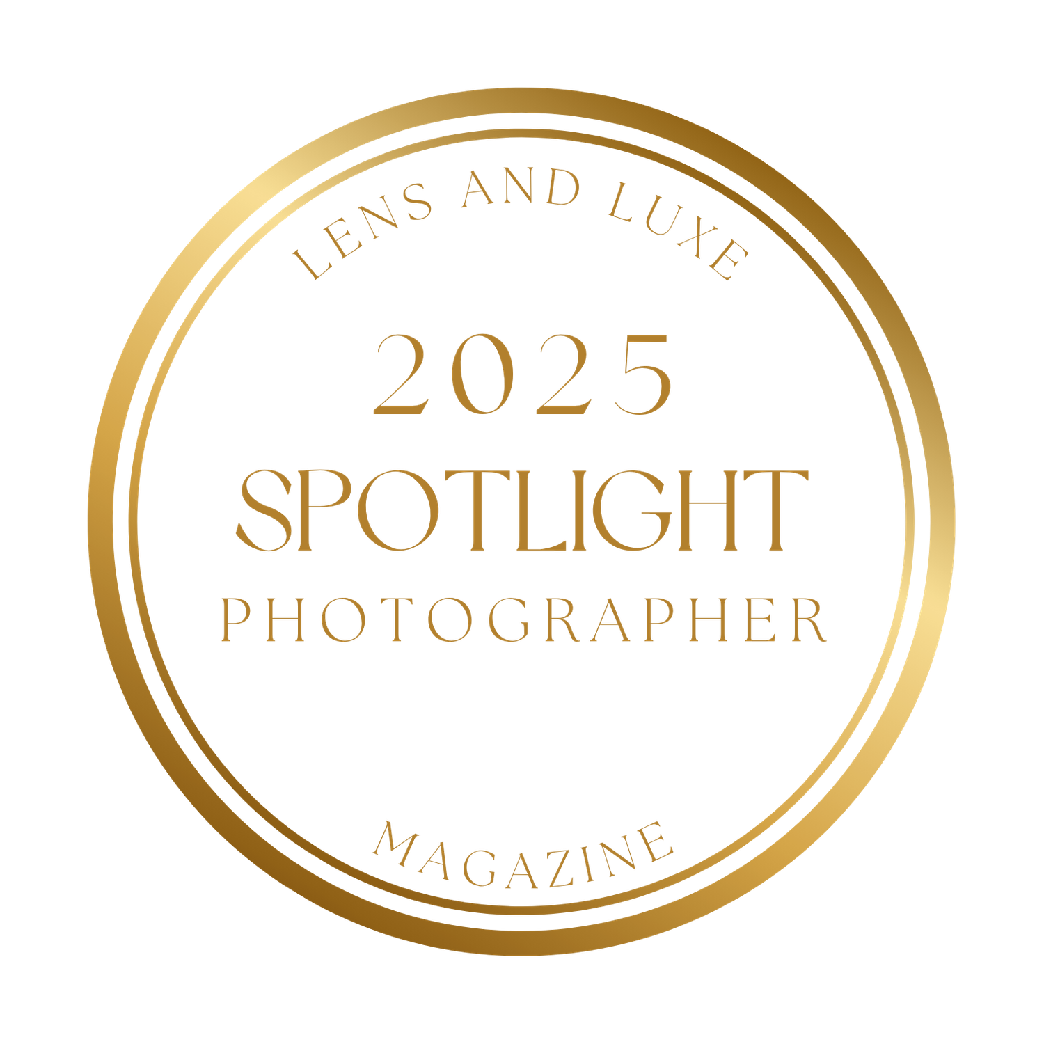 A circular gold logo for Lens and Lune Magazine featuring '2025 Spotlight Photographer' text in elegant typography.