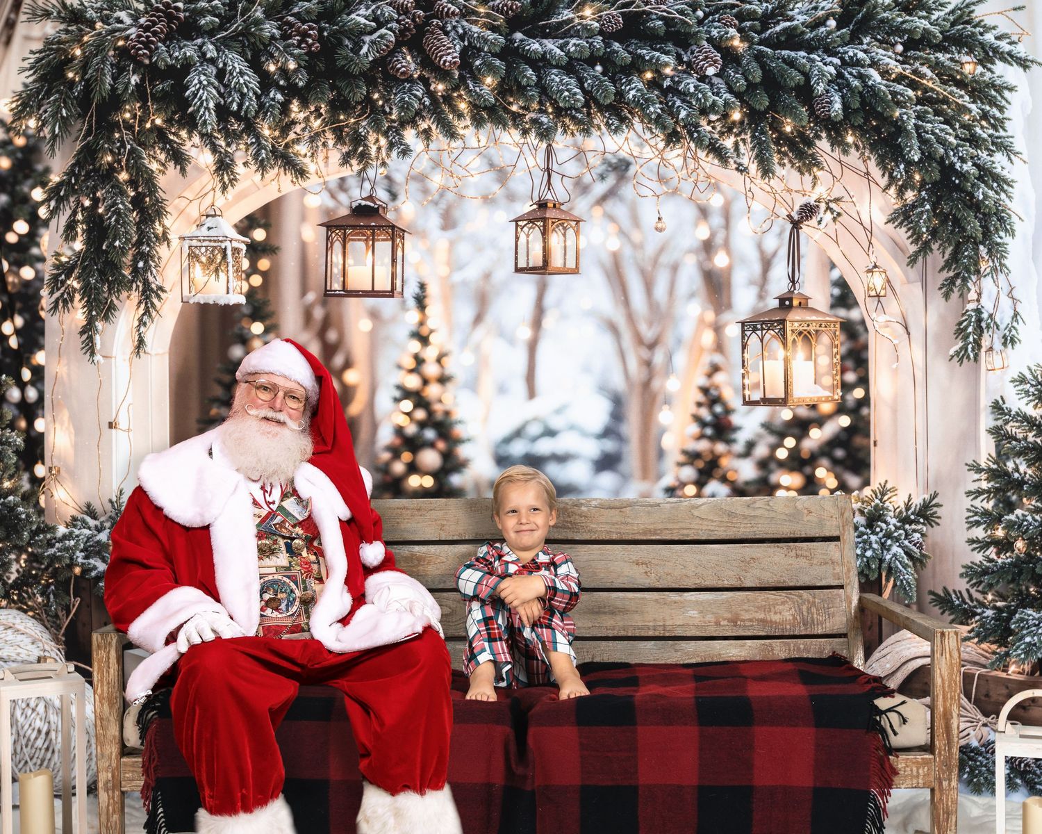 A cozy holiday scene with a traditional figure in red seated on a bench with buffalo plaid blanket and lantern decorations.