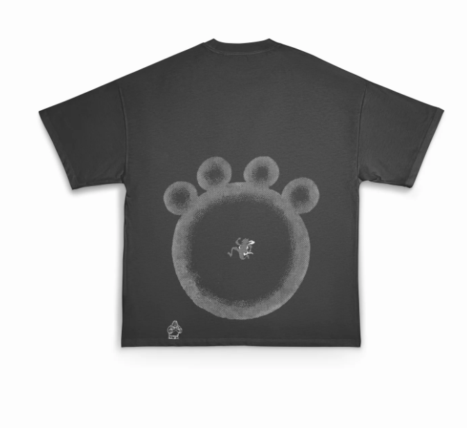 Five black t-shirts displayed flat with minimalist gray circular designs printed on the front.