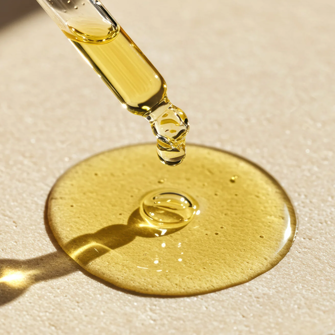 Golden liquid drops falling and forming circular patterns on a beige surface.